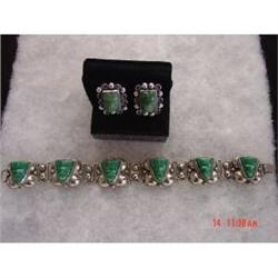 Estate 1940s Mexican Silver Bracelet Jade Mayan#1311401