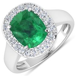 Natural 3.01 CTW Zambian Emerald & Diamond Ring 14K White Gold - REF-147N3R