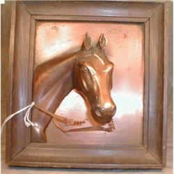 HORSE Plaque COPPER High RELIEF Oak FRAME #1307058