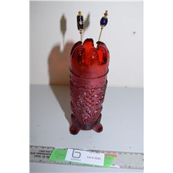 Cranberry Hatpin Holder with Hatpins