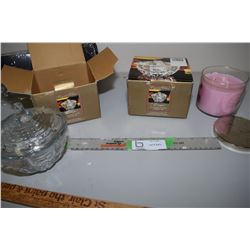 2 New Crystal Candy Dishes and Christmas Candle