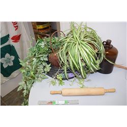 Fake Plants, Antique Gallon Bottle and Rolling Pin