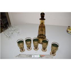 Bronze and Gold Decanter and 5 Glasses