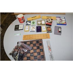 Stone Chess Board, Many Playing Cards Cribbage Board, Coca Cole Puzzle and misc.