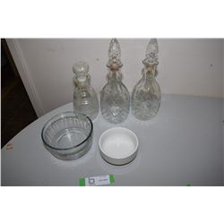 Liquor Pressed Glass Bottles, and Anchor Hocking Bowl