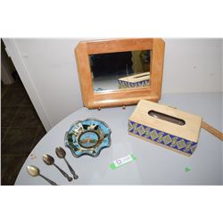 Disney Plate, S.P. Spoons, Mirror and Wooden Kleenex Box Cover