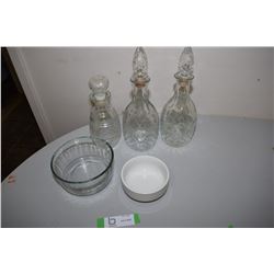 Liquor Pressed Glass Bottles, and Anchor Hocking Bowl