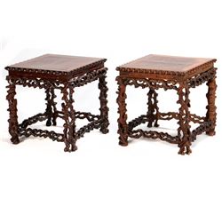 A Pair of Exotic Hardwood Chinese Carved Stools