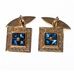 Pair of sapphire, diamond, 14k gold cufflinks