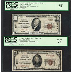 1929 $10/20 Citizens NB Washington, PA CH# 3383 National Currency Notes PCGS VF25