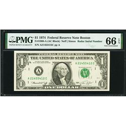 1974 $1 Radar Serial Boston Federal Reserve Note PMG 66EPQ