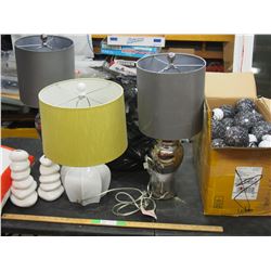 Christmas ornaments, (3) lamps with shades, and misc.