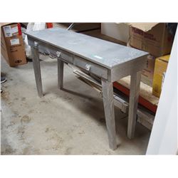 Wooden 3 drawer table, metal wrap (51" X 15.5" X 30" high)