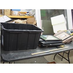 (10) glass shelf pieces 20" X 14", (4) picture frames, tarp and misc, plastic tote