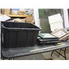 Image 1 : (10) glass shelf pieces 20" X 14", (4) picture frames, tarp and misc, plastic tote