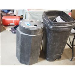 2 PLASTIC GARBAGE CONTAINERS ,1 HAS WHEELS