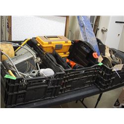3 STACKABLE CRATES AND CONTENTS BLACK AND DECKER 14.4 DRILL NO CHARGER , APRON MISC