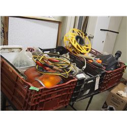 3 STACKABLE CRATES AND CONTENTS , BOOSTER CABLES SCREWS  , MISC