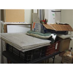 2 STACKABLE CRATES AND CONTENTS , PLASTIC CRATING , CUSHIONS  , MISC