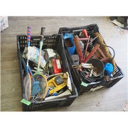 2 STACKABLE CRATES AND CONTENTS TACK STANDS SCREWS BOLTS ETC