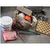 Image 1 : VINYL & RUBBER ADHESHIVE FULL PAIL , HEDGETRIMMER , HARD HATS , MISC
