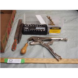 1/4 Inch Drive Socket Set, Vice Grip and Drill Bits