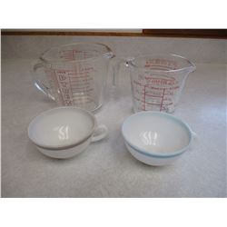 2 Old Tea Cups and 2 Pyrex Measuring Cups
