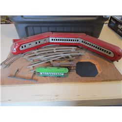 Tin Toy Train on Board with Track Pieces