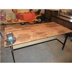 Wooden Worktable with Bench Vice 34 by 66.5 by 28"