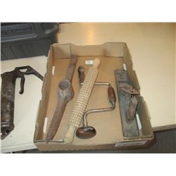 Box of Assorted Tools and Grease Gun