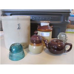 Assorted Crockery Pieces and 2 Telephone Insulators