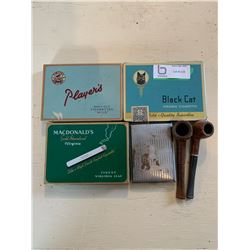 2 Wooden Pipes and 3 Cigarette Flat Tins