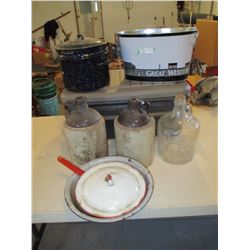 Whiskey Jugs and Assorted Enamelware