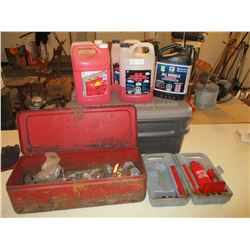 4 Ton Jack in Case and Toolbox and 5 Jugs of Antifreeze