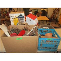 Bird Feeder and Boxes of Lawn Ornaments/Planters