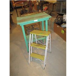 Green Wooden Plant Stand and Metal Folding Stool