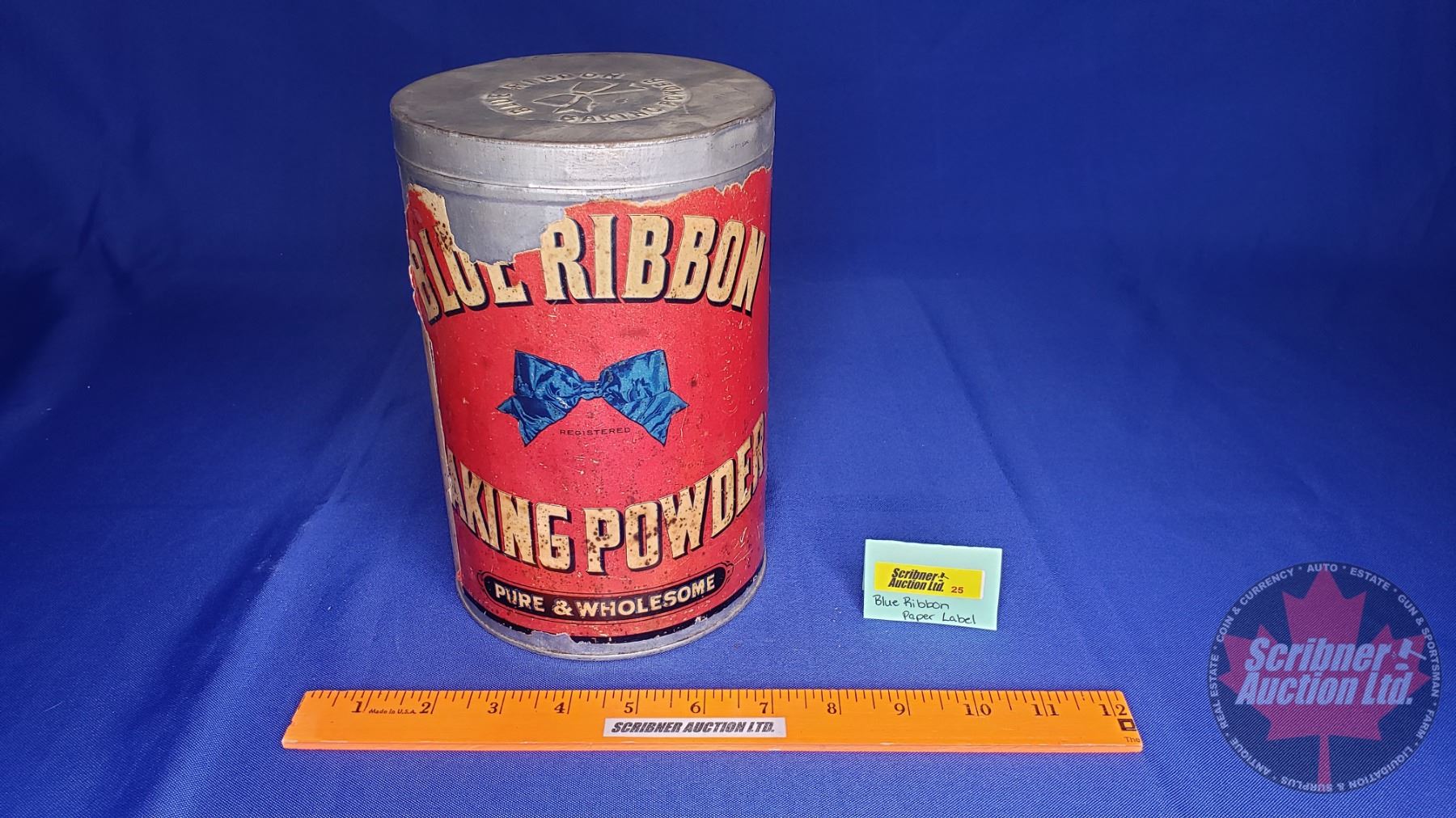 Blue Ribbon Baking Powder Tin (Paper Label) (8-1/2