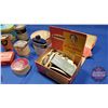 Image 2 : Tray Lot: Tins, Boxes & Bottles (Vintage Kenmore Vibrator in Box, Powders, Soaps, etc)