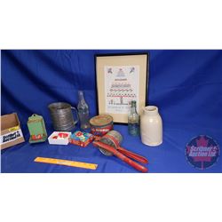 Tray Lot: Vintage Kitchen Items (Framed Stitch Sample, Matchbox Holder, Juicer, Crock, Bottles, Blue