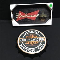 BUDWEISER BEER BOTTLE OPENER AND HARLEY DAVIDSON WALL DECOR