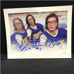 SLAPSHOTS' HANSON BROTHERS TRIPLE SIGNED ART PRINT (JSA COA)