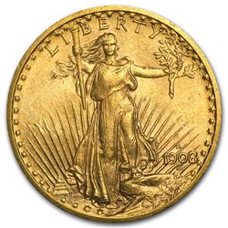 1908 D No Motto $20 Gold Saint Gaudens