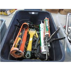Tote of Caulking Guns, Paint Scrapers & Other Items