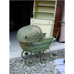 Antique Childs Doll Buggy Pram Wicker Grn. #1280484