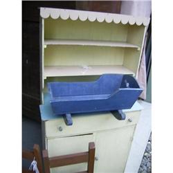 Antique Childs Blue Wooden Doll Cradle #1280485