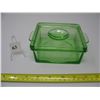 Image 1 : GREEN DEPRESSION HAZEL ATLAS SQUARE DISH with LID (Some Chips)