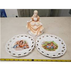 porcelain dancing lady & 2 matching decorative plates
