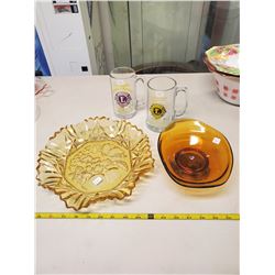 amber glass fruit bowl/tray, brown glass centerpiece dish & '70s/'80s Lions Club mugs