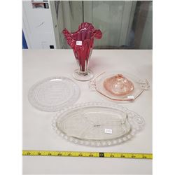 pink fancy glass vase, pink depression glass trinket dish, 2 clear glass pieces