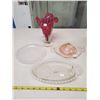 Image 1 : pink fancy glass vase, pink depression glass trinket dish, 2 clear glass pieces